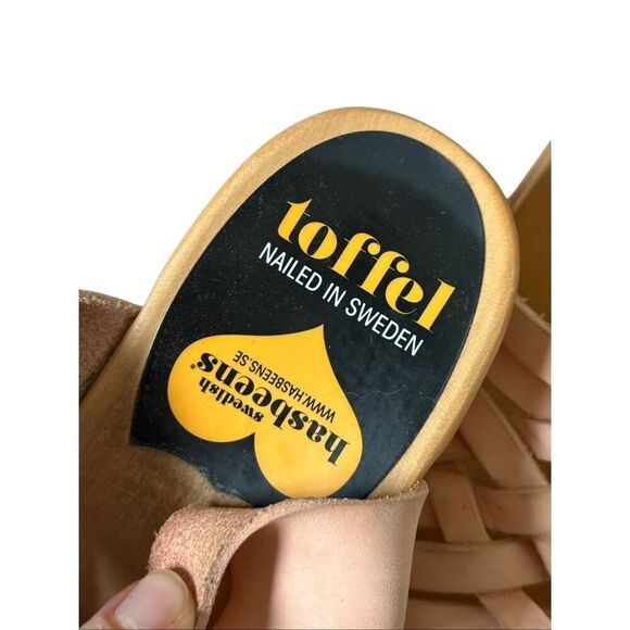 Anthropologie Swedish Hasbeens Braided Sky High Clogs Leather Wood size 39 Peach - Picture 3 of 15